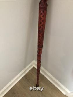 Hand Carved Wood Walking Stick Mother Of Pearl Inlay Tiki Style Cane 36