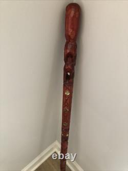 Hand Carved Wood Walking Stick Mother Of Pearl Inlay Tiki Style Cane 36