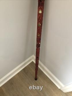 Hand Carved Wood Walking Stick Mother Of Pearl Inlay Tiki Style Cane 36