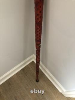 Hand Carved Wood Walking Stick Mother Of Pearl Inlay Tiki Style Cane 36