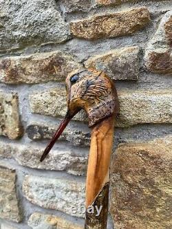 Hand Carved Woodcock In Lime Hiking/Walking stick on Hazel shank