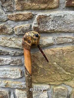 Hand Carved Woodcock In Lime Hiking/Walking stick on Hazel shank