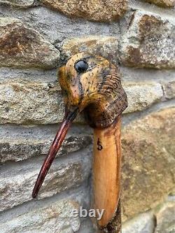 Hand Carved Woodcock In Lime Hiking/Walking stick on Hazel shank