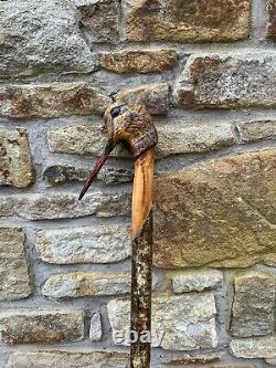 Hand Carved Woodcock In Lime Hiking/Walking stick on Hazel shank