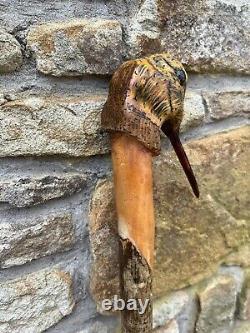 Hand Carved Woodcock In Lime Hiking/Walking stick on Hazel shank