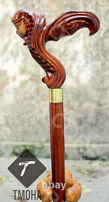 Hand Carved Wooden Egyptian Head Walking Stick Handmade Walking Cane X Mass O