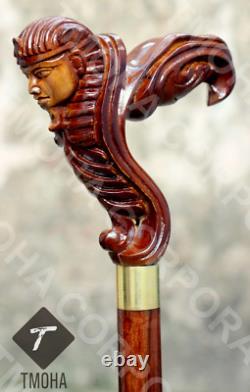 Hand Carved Wooden Egyptian Head Walking Stick Handmade Walking Cane X Mass O