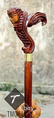 Hand Carved Wooden Egyptian Head Walking Stick Handmade Walking Cane X Mass O