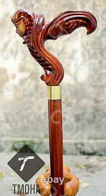 Hand Carved Wooden Egyptian Head Walking Stick Handmade Walking Cane X Mass O