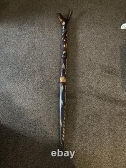 Hand Carved Wooden Jamaican Walking Stick Cane with snake handle & Face carving