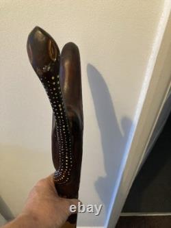 Hand Carved Wooden Jamaican Walking Stick Cane with snake handle & Face carving