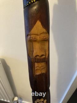 Hand Carved Wooden Jamaican Walking Stick Cane with snake handle & Face carving