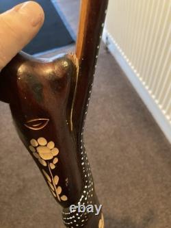 Hand Carved Wooden Jamaican Walking Stick Cane with snake handle & Face carving