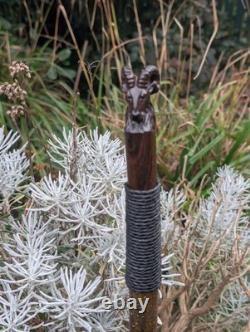 Hand Carved Wooden Rams Head Topped Walking/Hiking Stick /47inch Hazel