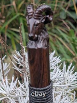Hand Carved Wooden Rams Head Topped Walking/Hiking Stick /47inch Hazel