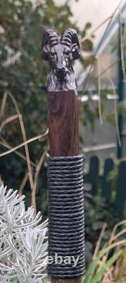 Hand Carved Wooden Rams Head Topped Walking/Hiking Stick /47inch Hazel