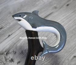 Hand Carved Wooden Shark Head Handle Walking Stick Walking Cane Handmade GF