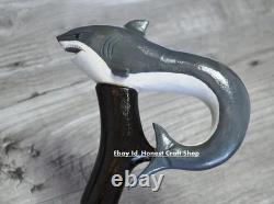 Hand Carved Wooden Shark Head Handle Walking Stick Walking Cane Handmade GF