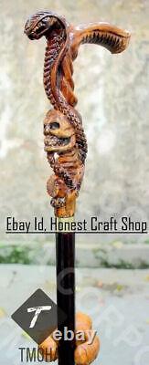 Hand Carved Wooden Snake Handle Walking Stick Hand Walking Cane Cobra & Skull A