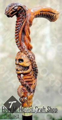 Hand Carved Wooden Snake Handle Walking Stick Hand Walking Cane Cobra & Skull A