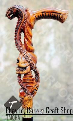 Hand Carved Wooden Snake Handle Walking Stick Hand Walking Cane Cobra & Skull A