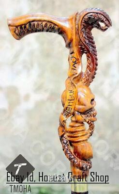 Hand Carved Wooden Snake Handle Walking Stick Hand Walking Cane Cobra & Skull A