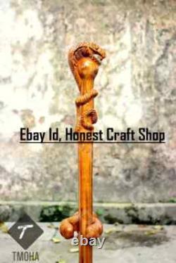 Hand Carved Wooden Snake Head Walking Stick Handmade Walking Cane Cobra X Mass