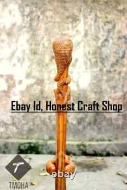 Hand Carved Wooden Snake Head Walking Stick Handmade Walking Cane Cobra X Mass