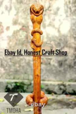 Hand Carved Wooden Snake Head Walking Stick Handmade Walking Cane Cobra X Mass
