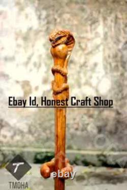 Hand Carved Wooden Snake Head Walking Stick Handmade Walking Cane Cobra X Mass