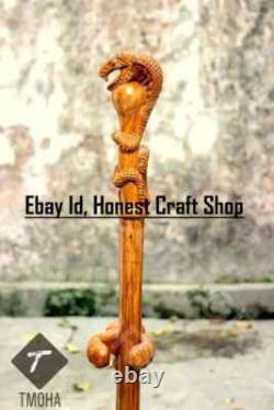 Hand Carved Wooden Snake Head Walking Stick Handmade Walking Cane Cobra X Mass