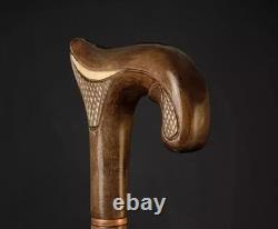 Hand Carved Wooden Walking Stick Elegant Derby Head Handle Handmade Walking Cane
