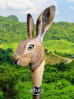 Hand Carved Wooden Walking Stick Rabbit Head Handle Wooden Hiking Cane Stick