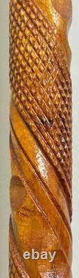 Hand Carved Wooden Walking Stick Spiral Barley Twist Cane 1930's