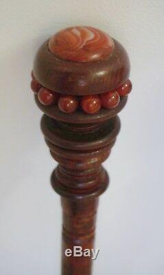 Hand-Carved Wooden Walking Stick with Botswana Agate Carnelian & Sterling Silver