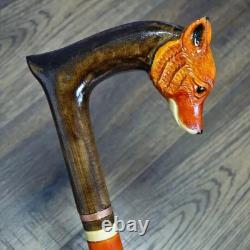 Hand Carving Fox Head Walking Stick Cane Wooden Cane Animal Lover Handmade Gift