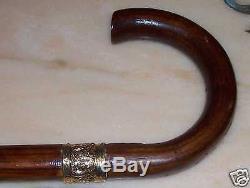 Hand Made Carved Wood & Brass Crook Walking Stick Cane