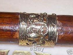 Hand Made Carved Wood & Brass Crook Walking Stick Cane