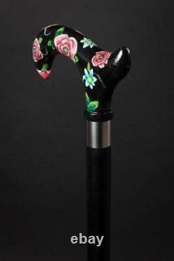 Hand Painted Flower Walking Stick Rose and Bluet Wooden Cane Handmade Carved