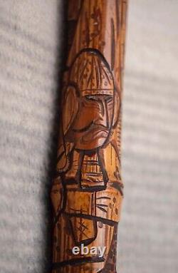 Hand-carved Bamboo walking cane Samurai possibly Meiji period