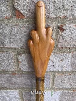 Hand-carved Middle Finger Hiking Walking Stick Pole Elm and Hazel Wood 64 A79