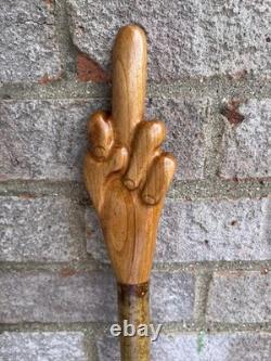 Hand-carved Middle Finger Hiking Walking Stick Pole Elm and Hazel Wood 64 A79