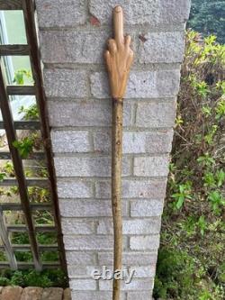 Hand-carved Middle Finger Hiking Walking Stick Pole Elm and Hazel Wood 64 A79