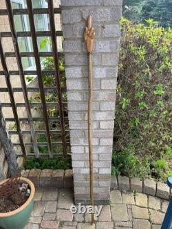 Hand-carved Middle Finger Hiking Walking Stick Pole Elm and Hazel Wood 64 A79