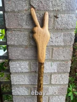 Hand-carved Two Finger Peace Hiking Walking Stick Oak and Hazel Wood 60 A50