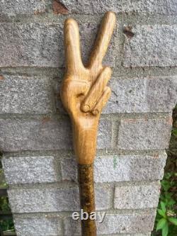 Hand-carved Two Finger Peace Hiking Walking Stick Oak and Hazel Wood 60 A50