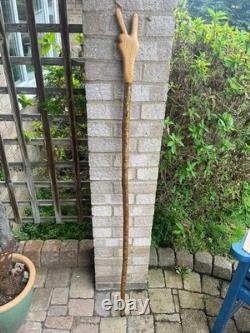 Hand-carved Two Finger Peace Hiking Walking Stick Oak and Hazel Wood 60 A50
