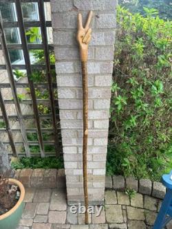 Hand-carved Two Finger Peace Hiking Walking Stick Oak and Hazel Wood 60 A50