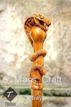 Hand carved snake head handle wooden walking stick handmade cobra walking cane A