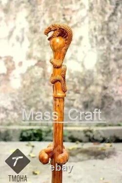 Hand carved snake head handle wooden walking stick handmade cobra walking cane A